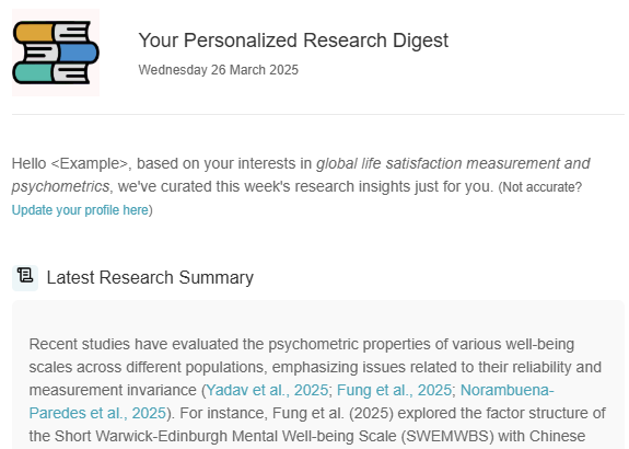 Weekly research digest email interface showing paper summaries